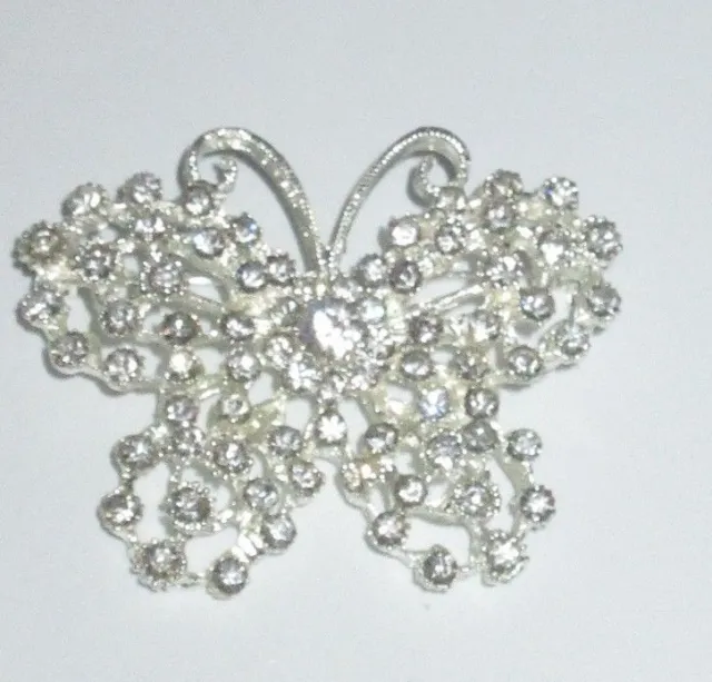 Statement Pin Brooch Butterfly Rhinestone Crystal Silver Tone Shiny Bling CHIC
