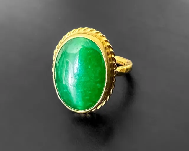 Handmade Hammered Big Jade Artisan Turkish 24K Gold Plate Sterling Silver Ring