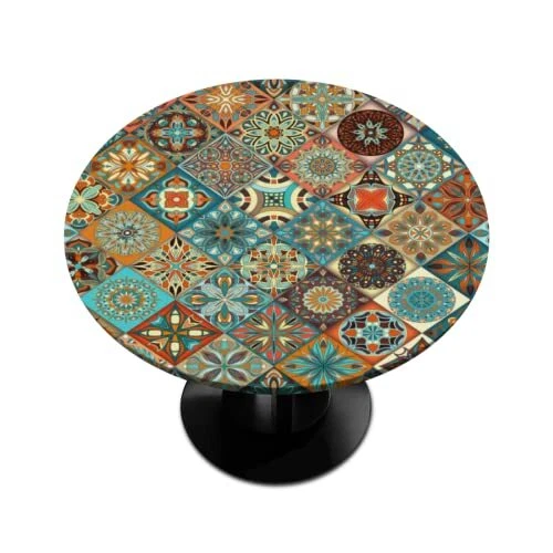 Boho Ethnic Mandala Fitted Round Tablecloth with Elastic Table Cloth Stain Re...