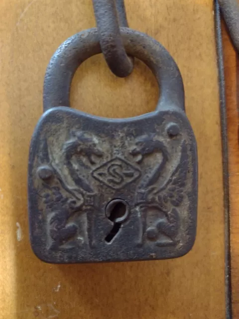 Antique Rare Hand Forged Iron Made Lock With griffins -gryphons on the front