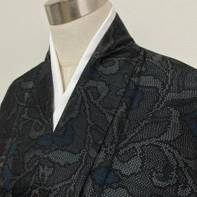 Japanese Kimono Oshima Tsumugi Silk Pongee Weave 160cm Leaf Pattern Indigo Blue