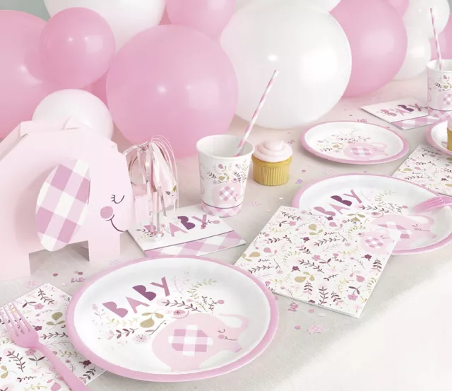Baby Shower Pink Party Tableware Balloons Decorations Plates Elephant Cute Girls