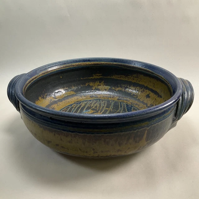 Studio Pottery Rustic Large Stoneware Handled Bowl Blues & Browns - Signed