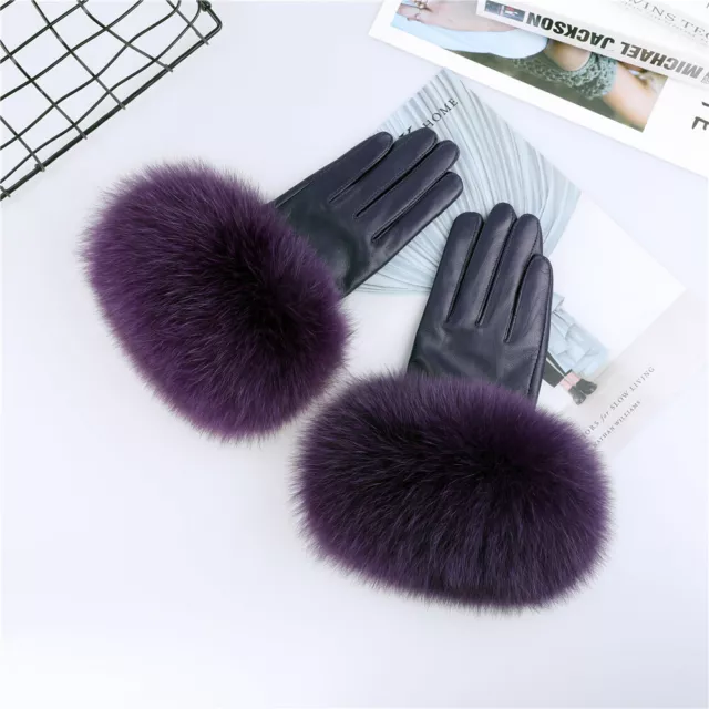 Women's Real Sheepskin Leather Gloves Fox Fur Cuffs Mittens Winter Warm Glove