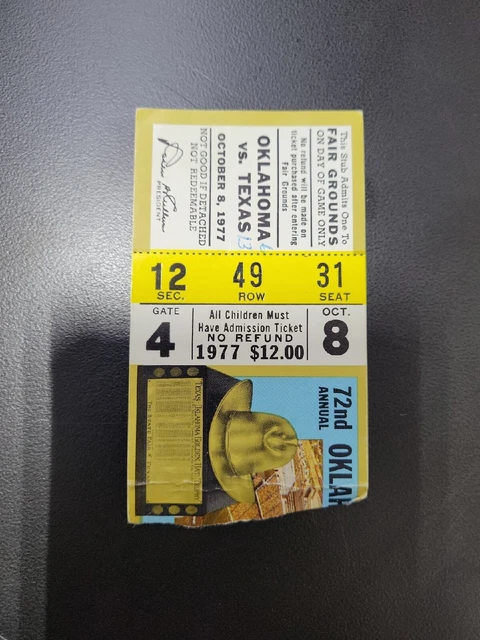 Football Ticket Stub Texas Longhorns 13 Vs Oklahoma Sooners 6 Oct 8, 1977