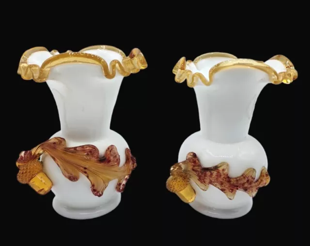 Vintage Stevens & Williams Victorian Glass Vase Applied Acorn & Leaves 5.5" Pair