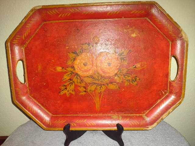 OCCUPIED JAPAN RED Yellow Tole Flowers Paper Mache Vanity Handled occupied-japan-red-yellow-tole-flowers-paper-mache-vanity-handled
