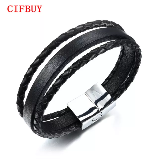 Stainless Steel Chain Genuine Leather Rope Cuff Magentic Bracelet for Men 8.46"