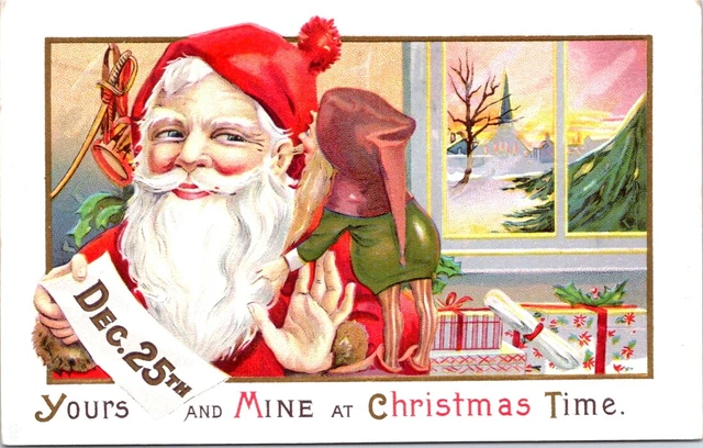 Elf Whispering in SANTA Ear, CHRISTMAS Greetings Postcard - Series 68 F