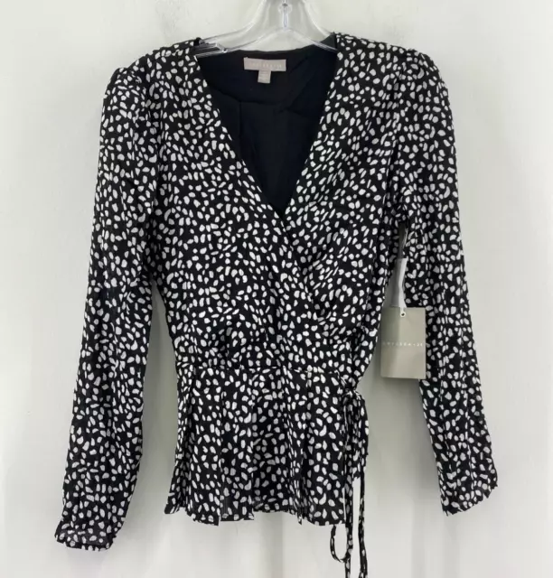 NWT Chelsea28 Black White Leopard Print V Neck Wrap Top Blouse Top Womens XS