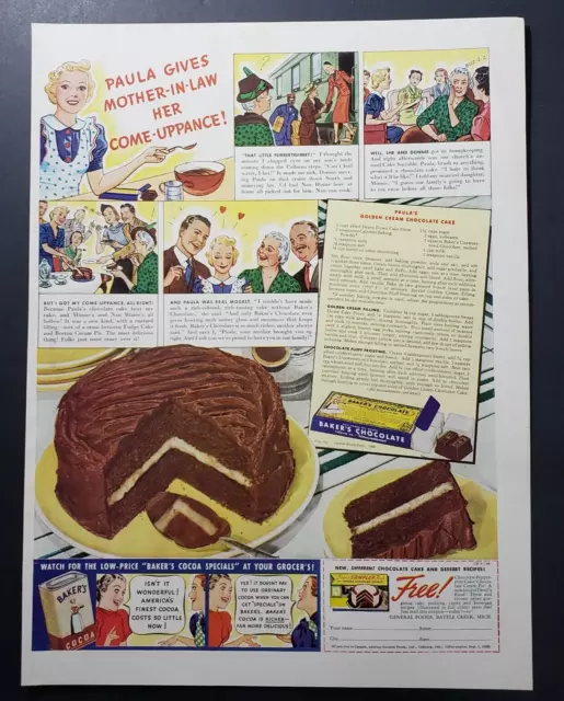 1938 Print Ad Baker's Cocoa Golden Cream Chocolate Cake Recipe Vintage