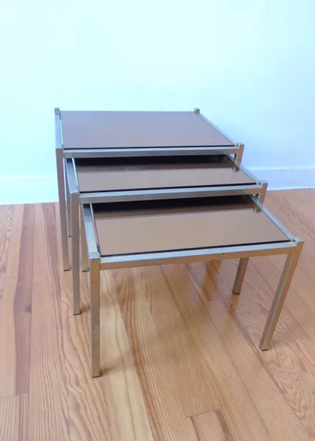 3 Tables Basse Gigogne En Metal- Verre Miroir Doré Design Années 70 Vintage 1970