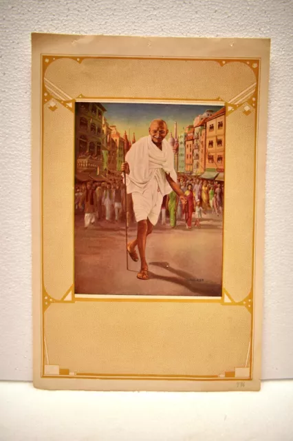 Vintage Mahatma Gandhi Litografia Stampa Walking IN Indiano Independence Mov. "