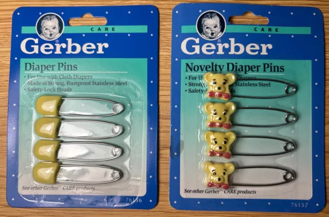 (2 Pkgs) 8 Total - 1991 Vintage Baby Gerber Novelty  Diaper Pins Yellow & Bear