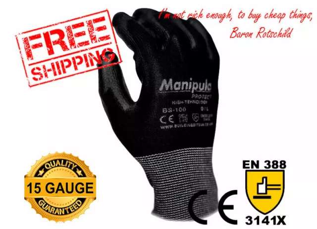 24;12 Pairs New Black Pu Coated Work Gloves Builders Mechanic Construction Grip