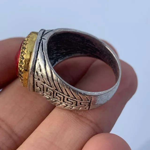Beautiful Post Medieval Islamic Ottoman Bronze Ring With Red Stone