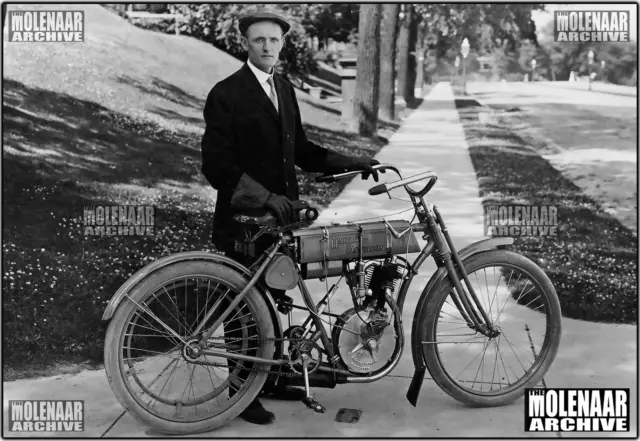 Vintage Harley-Davidson Motorcycle PHOTO of Walter Davidson Posing with His 1908