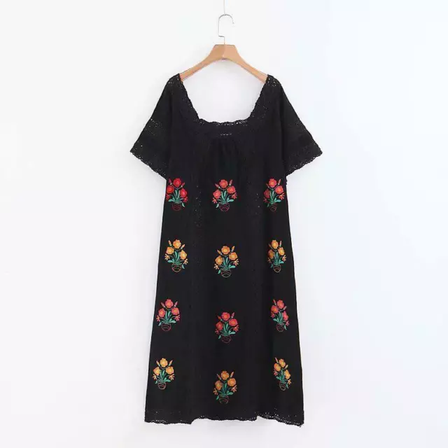 vintage hippie Ethnic Floral Embroidery Mexican Womens Bohemia Beach maxi Dress