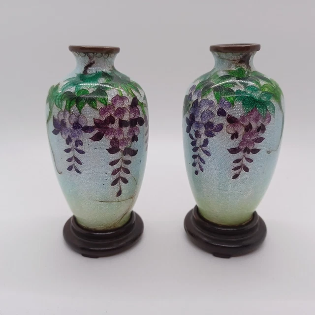 ANTIQUE JAPANESE MEIJI Ginbari Cloisonne Pair Small Vases Wisteria