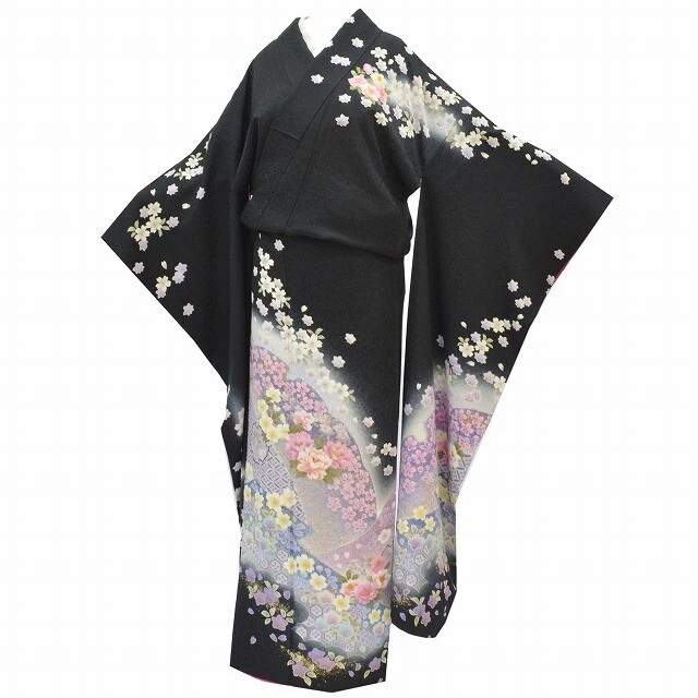 Japanese Silk Kimono Vintage Furisode Gold Cherry Blossom Flowers Leaf Black 65"