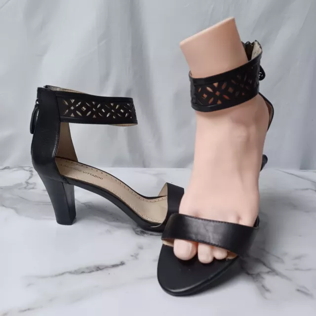 Adrienne Vitadini "Sereen" Black Leather Sandals. Ankle & Vamp Strap size 9