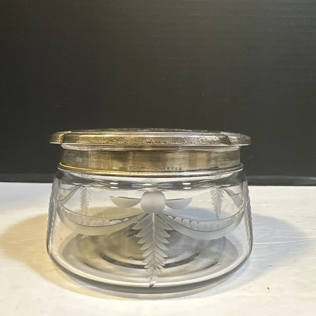 Antique R. Blackington & Co Engraved Sterling Top Etched Cut Glass Powder Jar