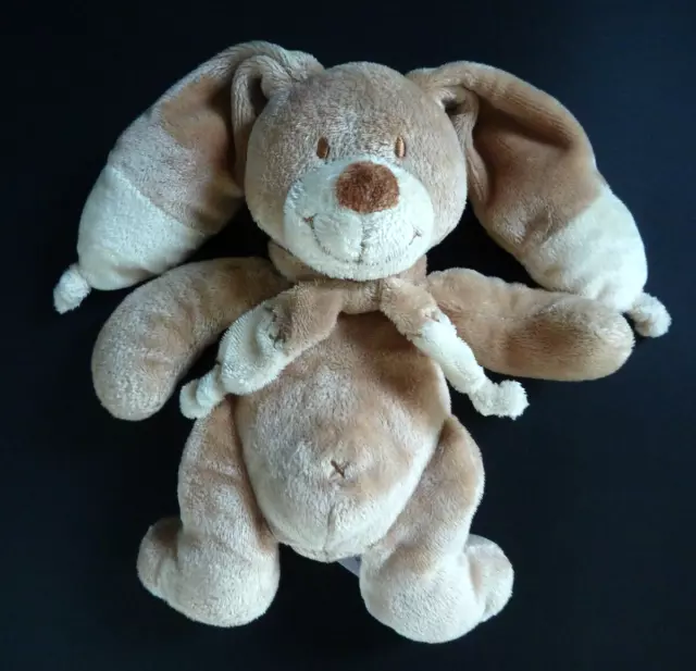 77. DOUDOU PELUCHE BABY CLUB LAPIN BEIGE MARRON ECRU ECHARPE CROIX 20cm TTBE