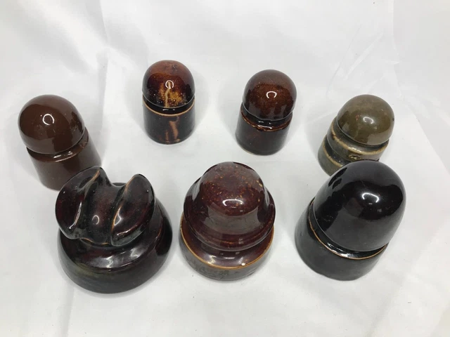 (7) Vintage Brown Porcelain Ceramic INSULATORS USA
