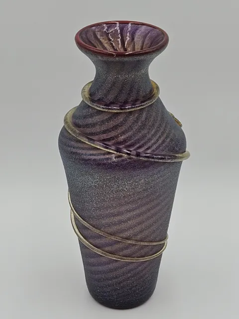 Cliff Goodman Purple Metalic Swirl Hand Blown Glass Vase Artist  Signed 12"