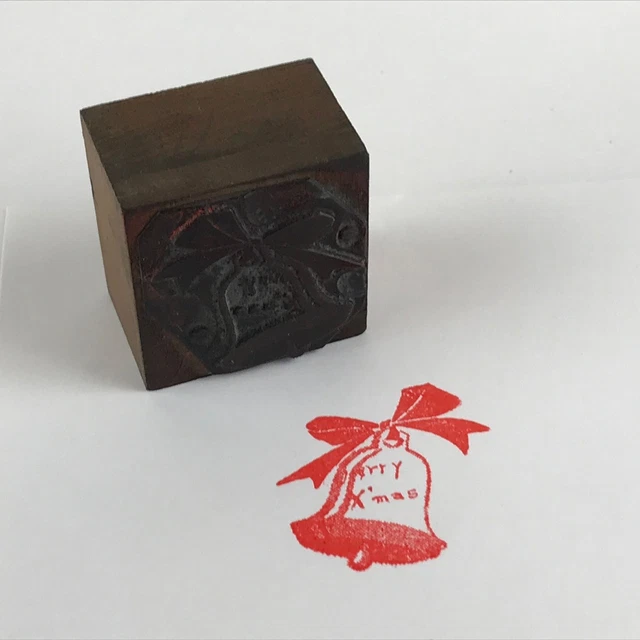 Japanese Wooden Stamp Hanko Inkan Kanji Vtg Metal Seal Merry X'mas Bell HS110