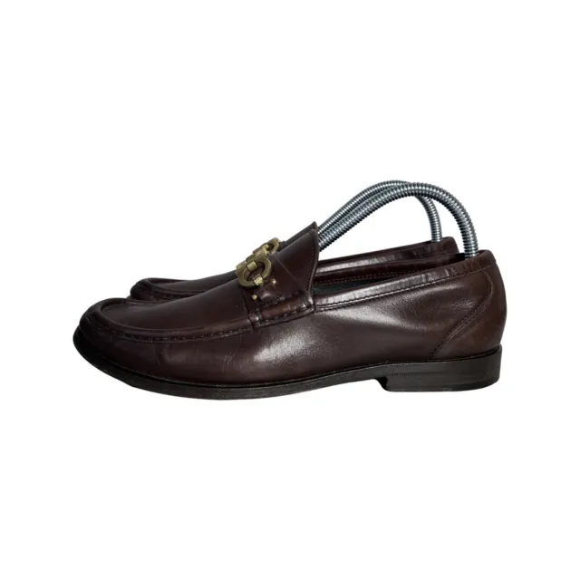 SALVATORE FERRAGAMO BROWN Leather Gancini Dress Shoes Slip On Loafers ...