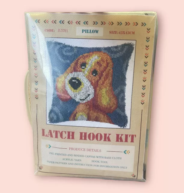 Kit de gancho de pestillo marrón amarillo cachorro perro NUEVO hilo, tela, gancho, patrón 16 X 16