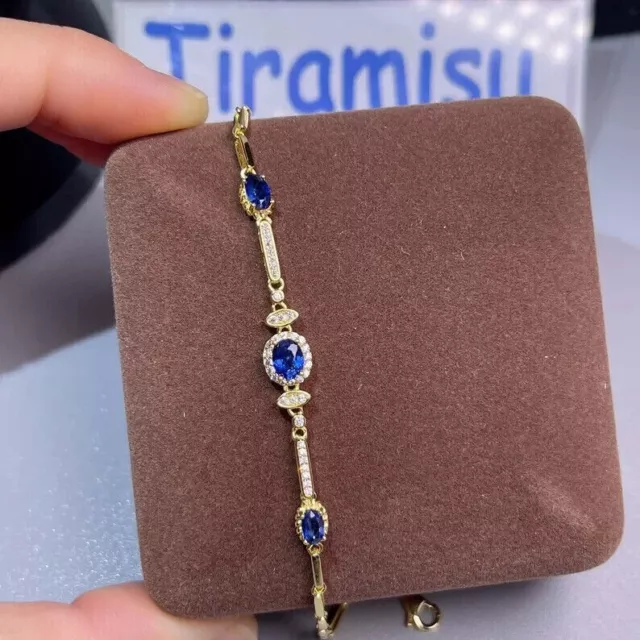 4 Ct Oval Cut Simulated Blue Sapphire Tennis Bracelet 14K Yellow Gold Finish