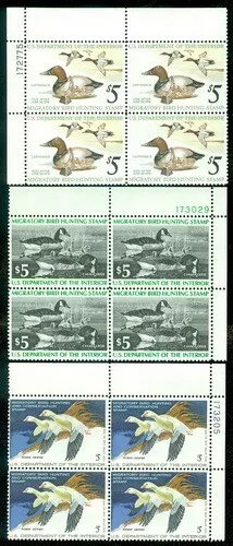 EDW1949SELL : USA 1975-77 Sc #RW42-44 Plate Blocks. Very Fine, Mint Never Hinged