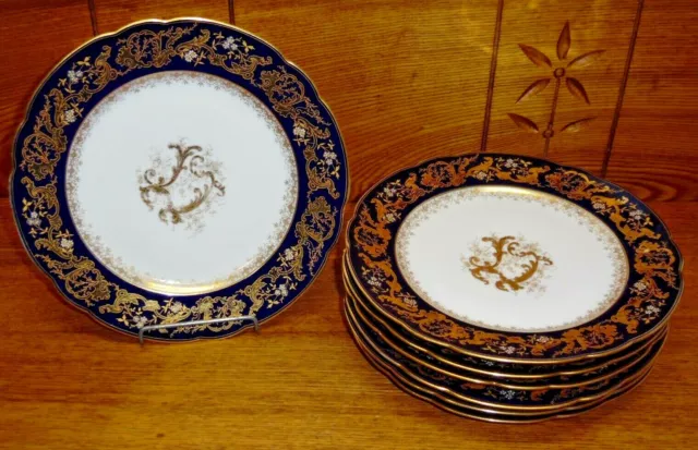 7 Antique Abram French & Co Boston Mass Cobalt Blue & Gold Porcelain Plates 4452