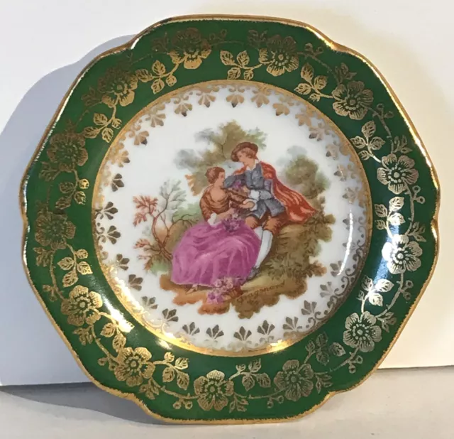 Small La Reine Limoges Green & Gilt Courting Couple Porcelain Plate