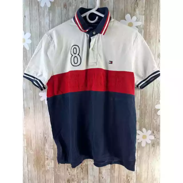 Tommy Hilfiger Custom Fit Polo mens Shirt Sz L Red Blue White #8 Stripe Sleeves