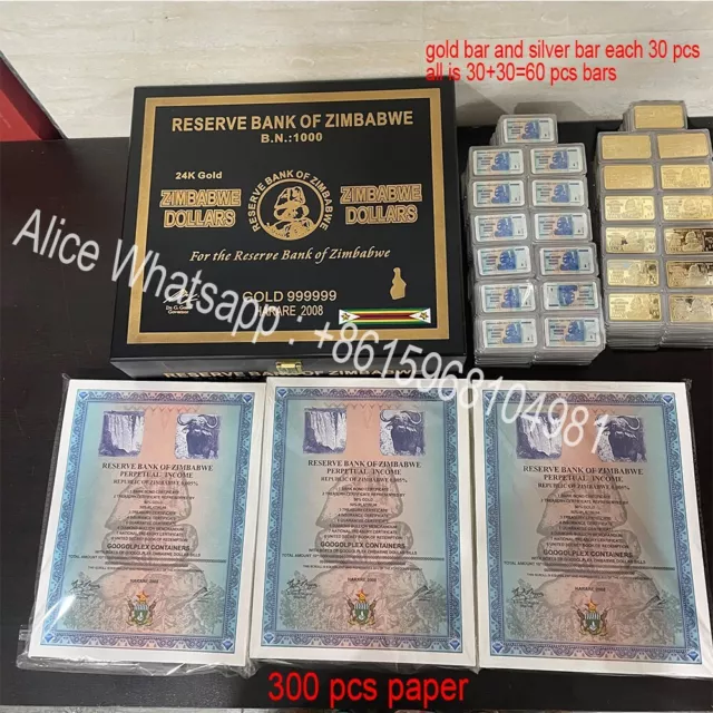 300pc Googolplex Containers Zimbabwe banknote scroll Bill+silver gold bar in box