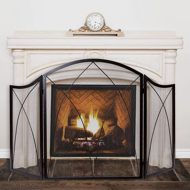 Indoor Fireplace Screen 3 Panel Wrought Iron Large Screen Metal Decorative Mesh