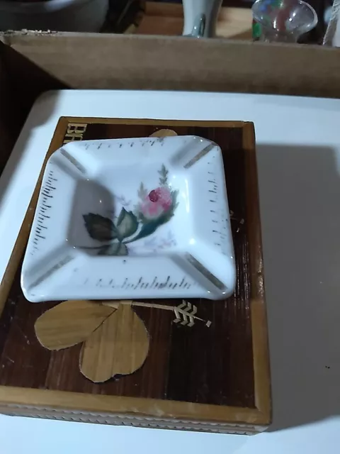 Vintage Moss Rose Small Ashtray, or Trinket Dish With Painted Rose