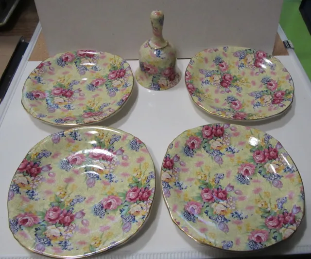 1995 Royal Winton Welbeck Chintz 4 Saucers and Bell