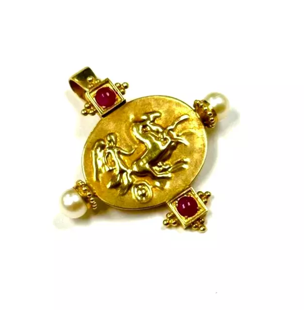 Tagliamonte Etruscan 14K Yellow Gold Cameo Pendant Pin Rubies & Culture Pearls