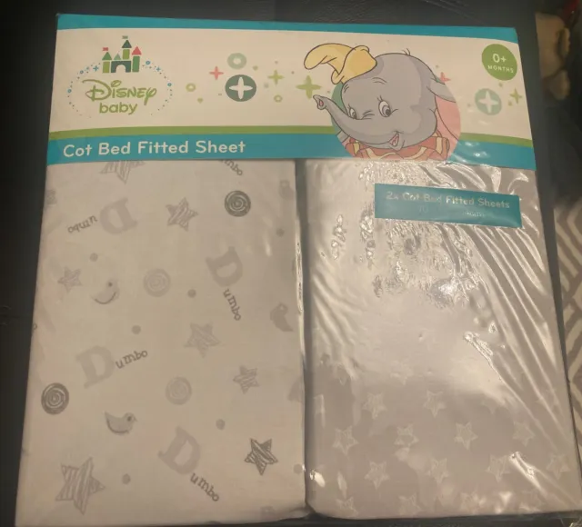 Brand new - Pair of Disney Baby fitted cot bed sheets - Grey/white Dumbo & Stars