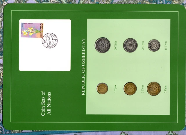 Coin Sets of All Nations Uzbekistan w/card UNC 1,3,5,10,20,50 Tiyin 1994