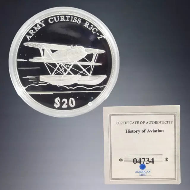 American Mint 2000 History Of Aviation Army Curtiss R3C-2 $20 Silver Coin + Coa