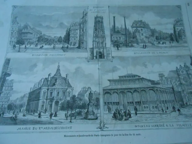 Gravure 1864 - Monuments de Paris inaugurés Haussmann Alma Mairie Marché