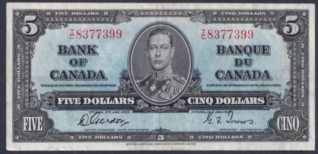 1937 Bank Of Canada $5 Five Dollar Banknote Gordon - Towers