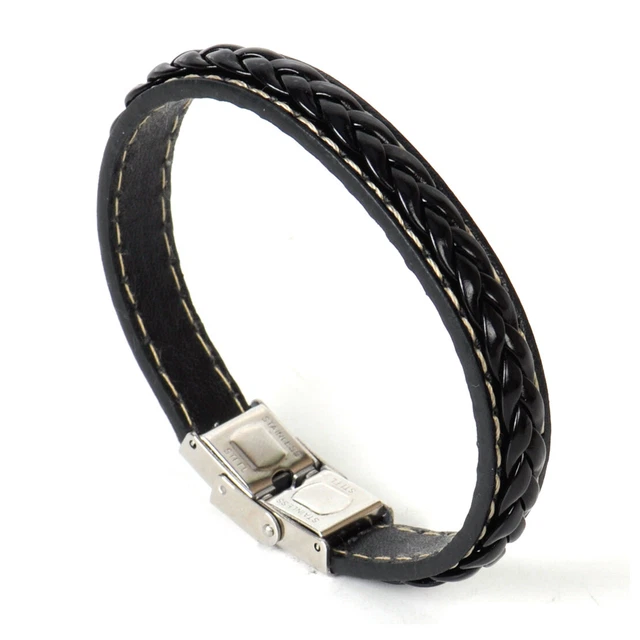 Men's Black Leather Wristband Braided Bracelet Stainless Steel Clasp Bangle Pop