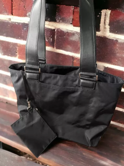 Tumi Black Nylon Leather Trim Double Strap Travel Tote w/ Makeup Toiletry Bag