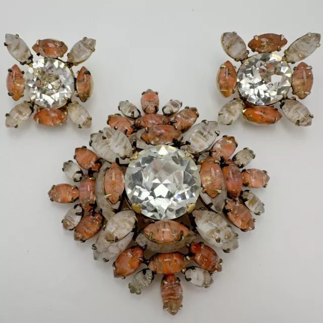 Rare Vintage Schreiner Coral White Aventurine Glass Rhinestone Brooch & Earrings